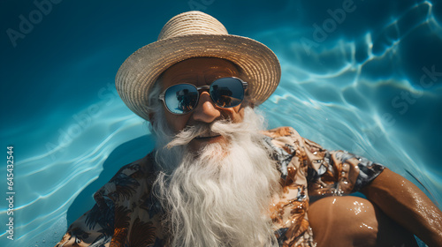 Happy senior man on vacation in bright outfit in the pool © Kateryna Kordubailo