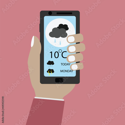 Human hand holding smartphone with weather app, Daily weather check on app concept. flat vector illustration.