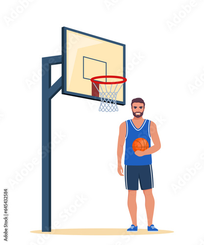 Happy man basketball player in uniform with ball on the basketball court. Vector illustration.