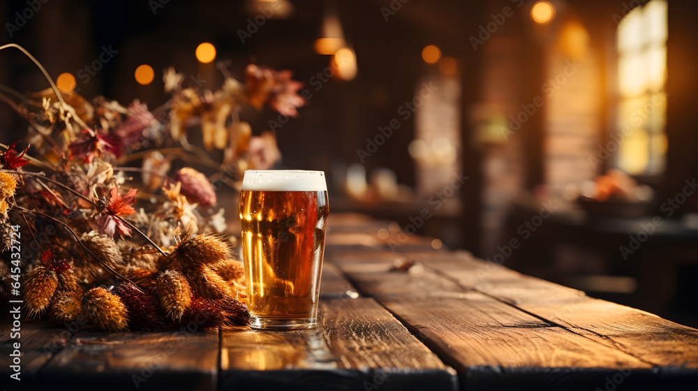 Fresh beer on wooden table
