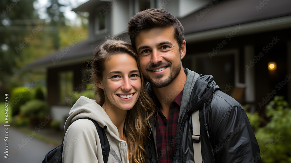 Happy young couple on the background of their own house. Concept of Real estate Happy young couple on the background of their own house. Concept of Real estate