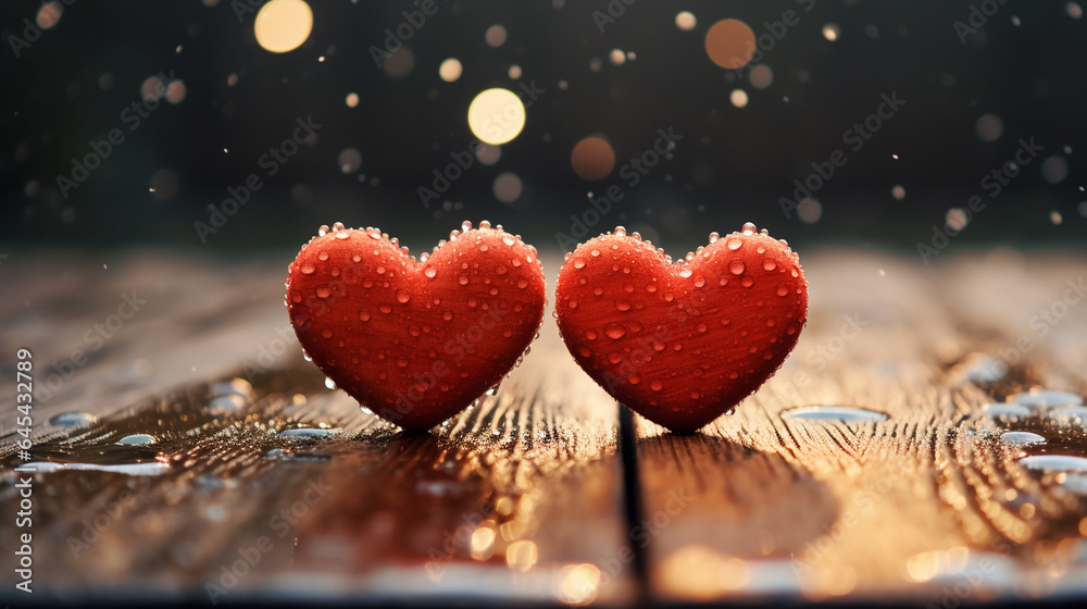 Fototapeta premium two red hearts with water drops on a wooden surface in the rain, generated by AI