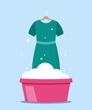 Washing clothes in basin of soapy water. Clean and wash. Stain removal. Flat vector illustration.