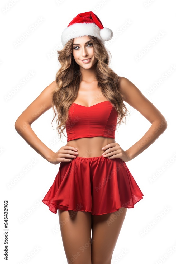 A woman in festive attire wearing a Santa hat and skirt A woman in festive attire wearing a Santa hat and skirt