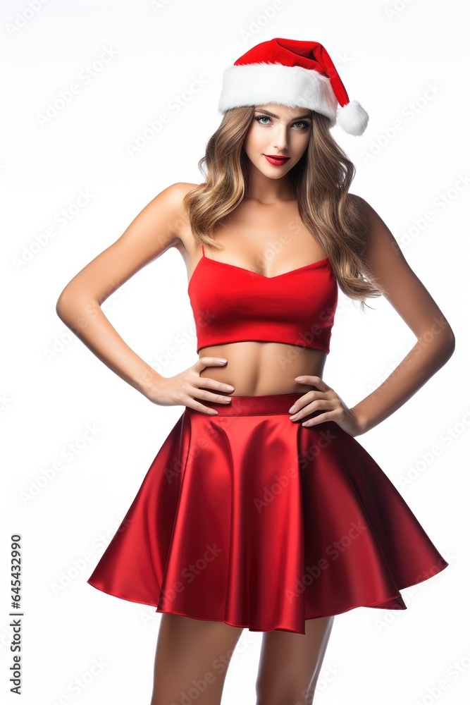 A woman in a festive red dress wearing a Santa hat
