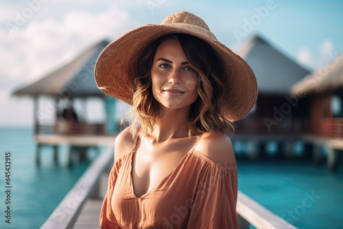 Young woman with sun hat on a wooden bridge with sea view in the background. Inspiring tropical landscape