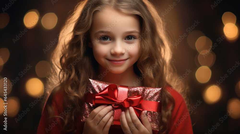 little smiling girl with a gift that she hugs against a background of beautiful bokeh, generated by AI little smiling girl with a gift that she hugs against a background of beautiful bokeh, generated by AI