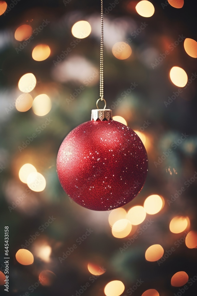 Obraz premium A festive red ornament hanging from a beautifully decorated Christmas tree