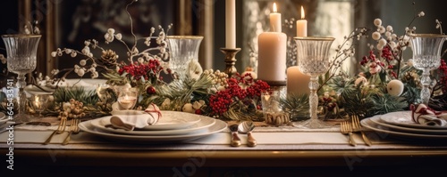 A beautifully decorated Christmas table with lit candles and festive dinnerware