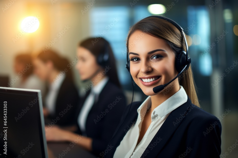 Smiling call center woman agent wearing headset in the office Smiling call center woman agent wearing headset in the office