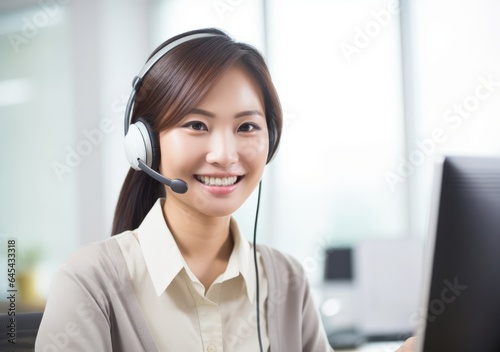 Smiling call center woman agent wearing headset in the office