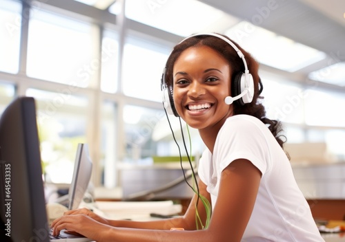 Smiling call center woman agent wearing headset in the office © XC Stock