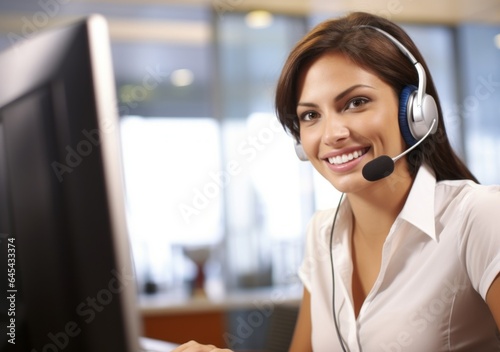 Smiling call center woman agent wearing headset in the office