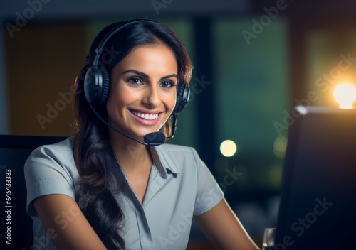 Smiling call center woman agent wearing headset in the office