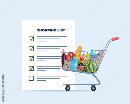 Grocery list for shopping in the store. Shopping list with marks. Shopping trolley full of food, fruit, products, grocery goods. Buying food in supermarket. Vector illustration.