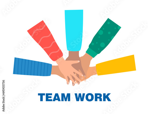 Multicultural people putting hands together. Teamwork, friendship, unity, help, equality, support, partnership, community, social movement, friendship concept. Strong together. Vector illustration.