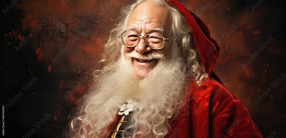 A man dressed as Santa Claus with long white hair and beard