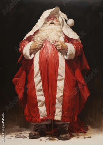 A man dressed as Santa Claus painting