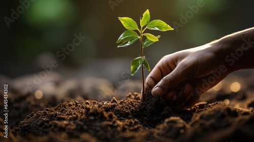 the hand plant a tree in black soil with nature background