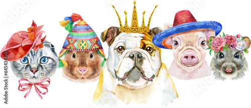 Border from watercolor portraits of dog, guinea pig, cat, mini pig, and rat © Andreichenko