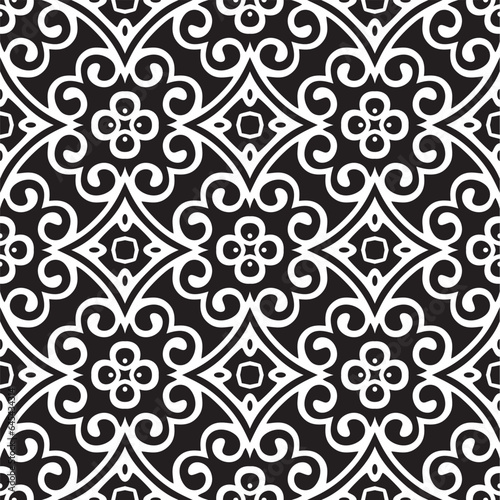 Seamless pattern with folk motifs in black and white. Vector illustration.