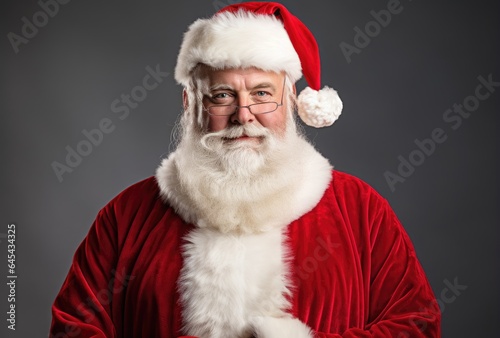A man dressed as Santa Claus wearing glasses