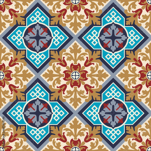 Seamless pattern with tradicional hydraulic tiles style in 7 colors. Vector illustration.
