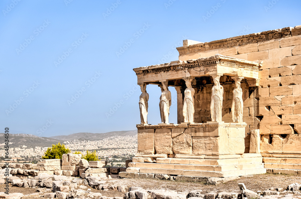 Athens, Greece - July 25, 2023: The Erechtheion or Temple of Athena Polias at the Acropolis in Athens
