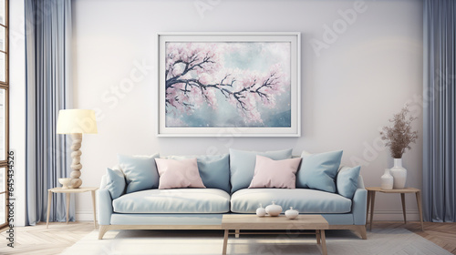 a room with a combination of soft pastel colors  a sofa and a large picture on the wall  generated by AI