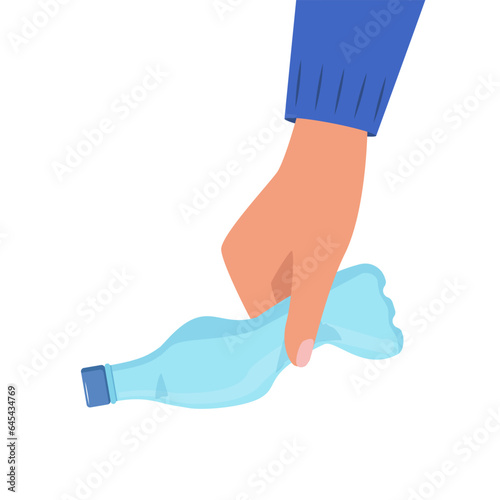 Hand holding crumpled plastic bottle. Hand throws plastic bottle into trash can. Plastic waste. Trash sorting, recycling. Vector illustration.