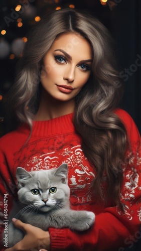 A woman in a red sweater holding a gray cat