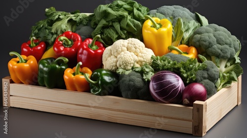Wooden box full of fresh vegetables and fruits on white background