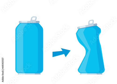 Soft drink aluminum blue can. Empty crushed soda aluminum can icon. Garbage recycle concept. Vector illustration.