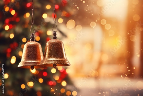 Two festive bells hanging from a beautifully decorated Christmas tree photo