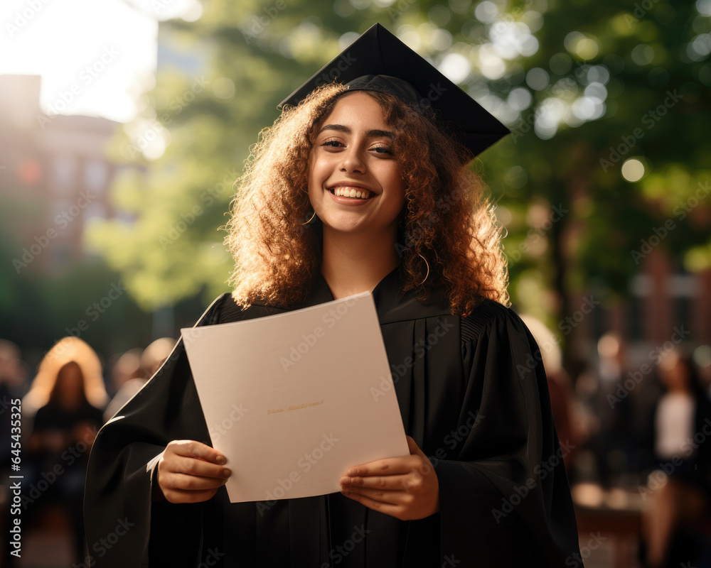 A diverse young student beams with joy as they receive their degree at graduation, embodying achievement and success. Ideal for themes of educational accomplishment, diversity, and life milestones. - obrazy, fototapety, plakaty 