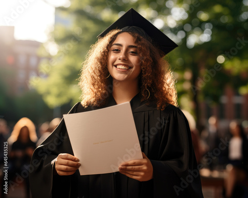 A diverse young student beams with joy as they receive their degree at graduation, embodying achievement and success. Ideal for themes of educational accomplishment, diversity, and life milestones. photo