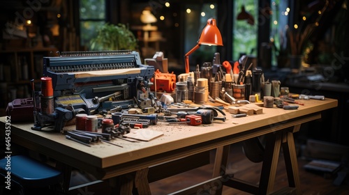 work tools in the room and on the bokeh wooden table