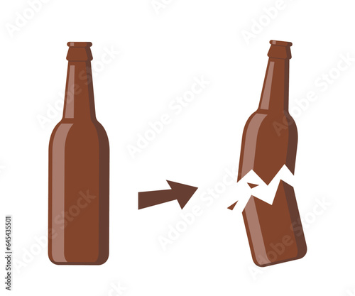 Beer bottle, whole and broken. Bottle broken into two halves. Broken, cracked glass bottle. Vector illustration.