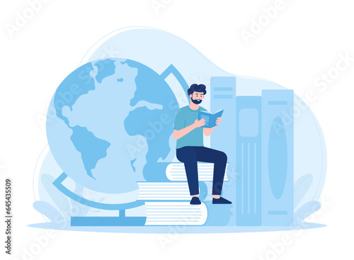 Tiny student sitting on book pile and reading, glossary concept flat illustration