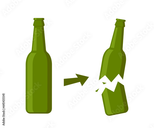 Beer bottle, whole and broken. Bottle broken into two halves. Broken, cracked glass bottle. Vector illustration.