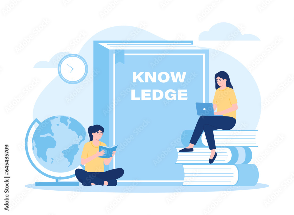 Students reading a book concept flat illustration