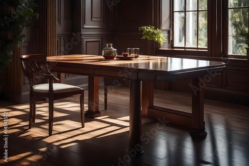 an impeccably designed interior scene. In this scene  there is an elegant wooden table with a rich mahogany finish - AI Generative