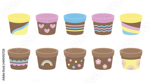 Empty flower pots set vector design illustration isolated on white, different painted terracotta pots