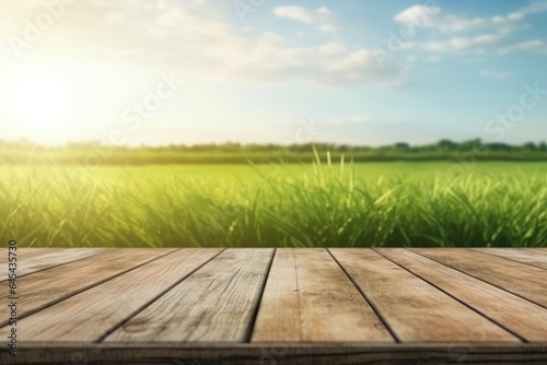 Wooden deck with green grass near landscape with sky background. Generative AI image weber.