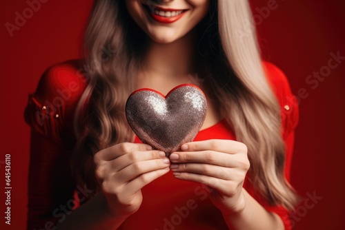 A woman in a vibrant red dress gracefully holding a heart