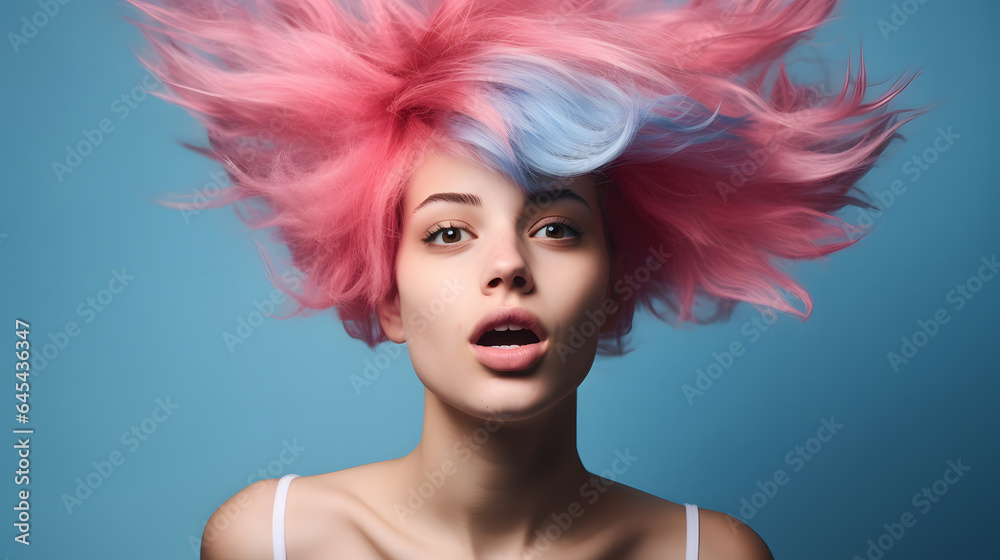 Colorful studio portrait of a cool teenager girl with a crazy haircut. Bold, vibrant and minimalist. Generative AI