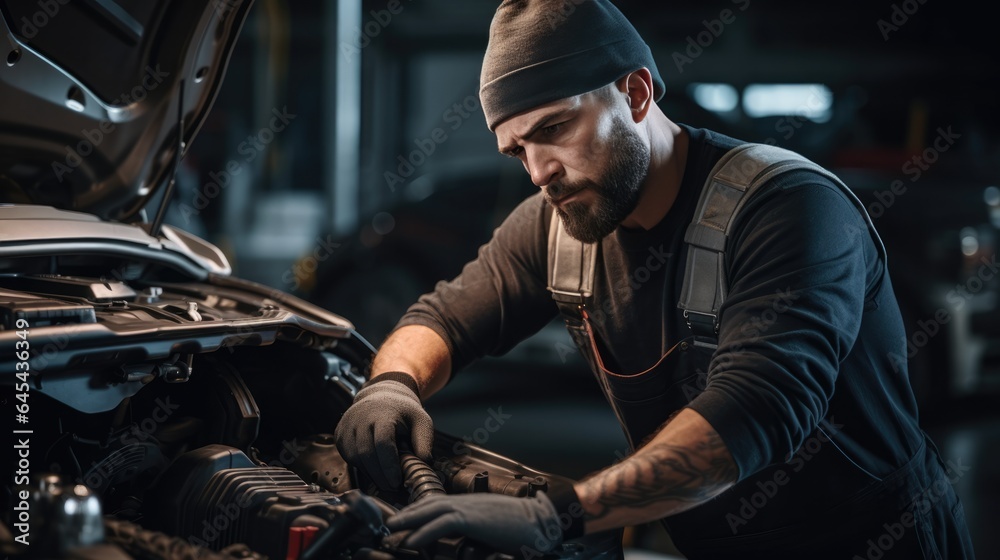 Handsome mechanic working on a vehicle in a car repair service