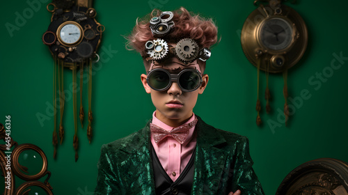 Colorful studio portrait of a teenager boy with steampunk outfit and accessories. Bold, vibrant and minimalist. Generative AI