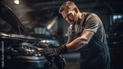 Handsome mechanic working on a vehicle in a car repair service © Oulaphone