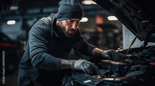Handsome mechanic working on a vehicle in a car repair service © Oulaphone
